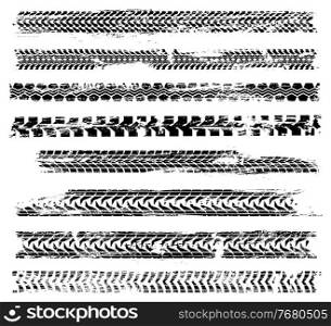 Tire tracks and car wheel tyre prints vector design of speed race sport. Mud road tread marks black grunge pattern, dirty rubber tire traces of drug racing truck, motorcycle, bicycle, bike or tractor. Tire tracks and car wheel prints, speed race sport