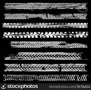 Tire tracks, car traces and motorcycle wheels prints on road, vector pattern marks. Bike or truck tire tracks white on black mud, tyre tread trails, car skidding and rally motocross scratches. Tire tracks, tyre mark treads of motorcycle wheels