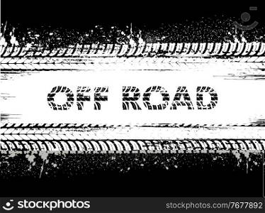 Tire tracks, off road car wheels or truck grunge prints, vector. Motorcycle or car truck tire tracks and tread trails on black dirty mud, rally and sport tyre rubber marks, motocross traces. Off road tire tracks, truck and car wheel prints