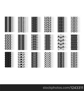 Tire tread drop shadow black glyph icons set. Detailed automobile, motorcycle, bike tyre marks. Car summer and winter wheel trace. Vehicle tire trail. Isolated vector illustrations on white space
