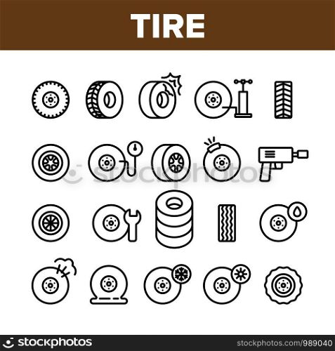 Tire Wheel Collection Elements Icons Set Vector Thin Line. Low Pressure, Equipment For Repair Tire And Break Concept Linear Pictograms. Car Service And Store Monochrome Contour Illustrations. Tire Wheel Collection Elements Icons Set Vector