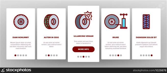 Tire Wheel Onboarding Mobile App Page Screen Vector Thin Line. Low Pressure, Equipment For Repair Tire And Break Concept Linear Pictograms. Car Service And Store Contour Illustrations. Tire Wheel Onboarding Icons Set Vector