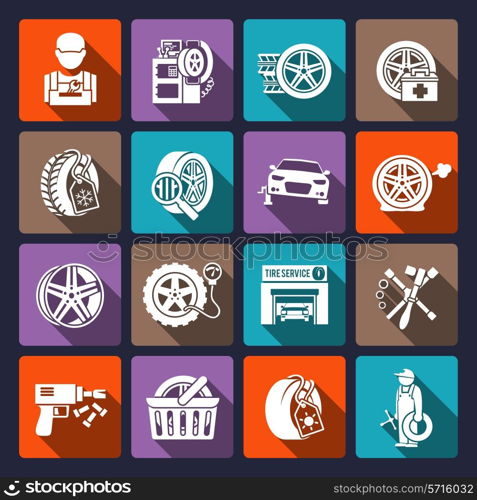 Tire wheel service car auto maintenance repair icons white set isolated vector illustration