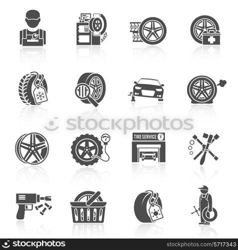 Tire wheel service car auto mechanic repair work icons black set isolated vector illustration