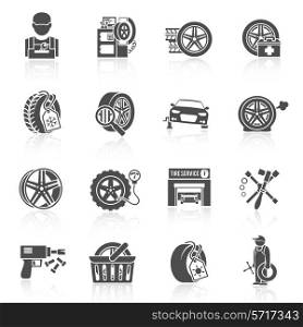 Tire wheel service car auto mechanic repair work icons black set isolated vector illustration