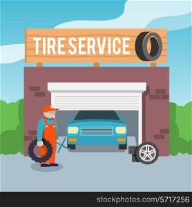 Tire wheel service shop garage with car and mechanic flat vector illustration