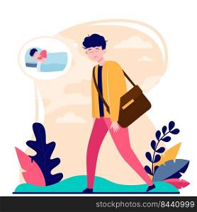 Tired adult office employee going to work without coffee flat vector illustration. Sleepy adult sad man wishing sleep. Morning and lack of sleep concept