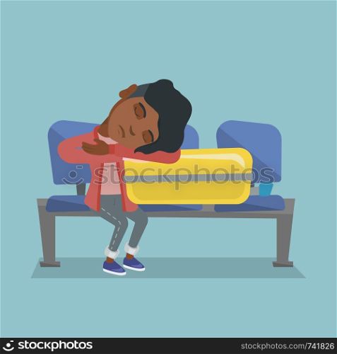 Tired african-american passenger sleeping on a suitcase at the airport. Young exhausted woman waiting for a flight and sleeping on a suitcase at the airport. Vector cartoon illustration. Square layout. Tired woman sleeping on suitcase at the airport.