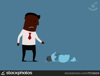 Tired and depressed cartoon african american businessman with broken idea light bulb, for failed idea or depression concept design. Unhappy businessman with broken idea