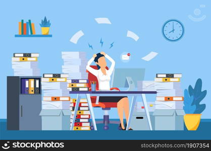 Tired and exasperated office worker is grabbed his head among piles of papers and documents. Stress in the office. Rush work. Vector illustration in flat style. Tired and exasperated office worker