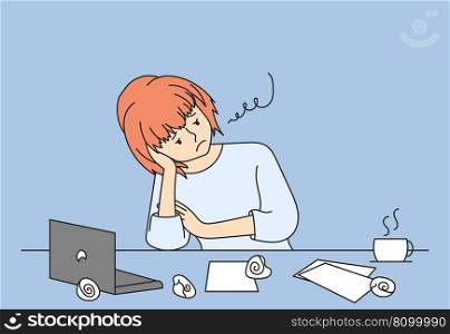 Tired and exhausted girl sitting at the table. Work overload and overtime work at home for women. Business woman works at the table and suffers from a lack of strength. Vector illustration