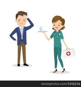 Tired and ill businessman and female nurse with first-aid kit and pills,health care,isolated on white background,flat vector illustration