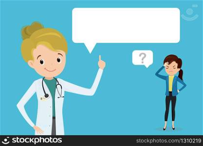 Tired and ill businesswoman and female doctor or nurse with white speech bubble,medical consultation,health care concept,flat vector illustration