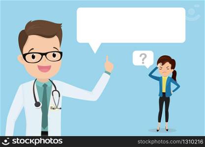 Tired and ill businesswoman and happy caucasian male doctor with white speech bubble,medical consultation,health care concept,flat vector illustration