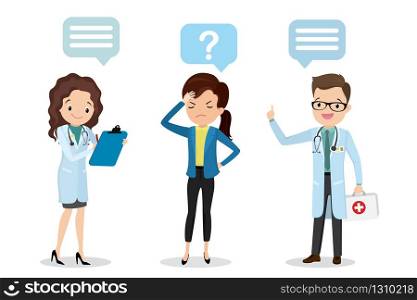 Tired and ill businesswoman and male doctor and female nurse with first-aid kit and pills,health care,isolated on white background,flat vector illustration