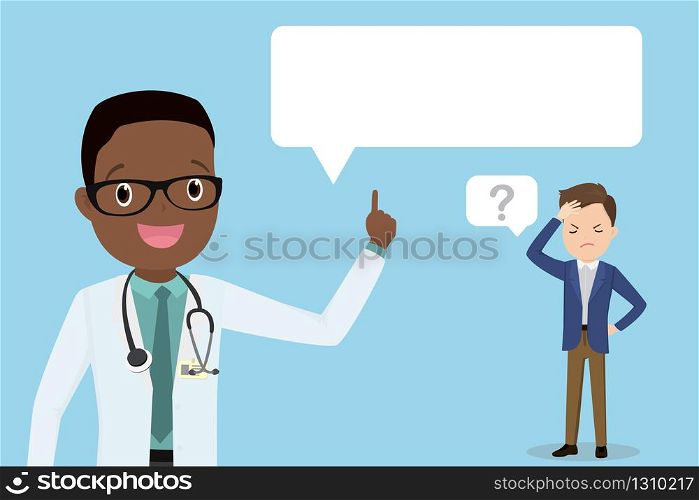 Tired and ill caucasian businessman and happy african american male doctor with white speech bubble,medical consultation,health care concept,flat vector illustration