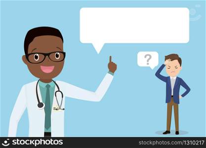 Tired and ill caucasian businessman and happy african american male doctor with white speech bubble,medical consultation,health care concept,flat vector illustration