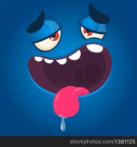 Tired and silly cartoon monster face with big eyes showing tongue. Vector Halloween blue monster