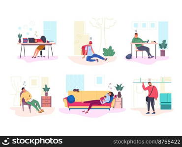 Tired bored people. Fatigued woman work in office job, lazy sleepy student long lecture, anxiety mother sleep baby home, depressed girl weakness, vector illustration. Fatigue and tired people manager. Tired bored people. Fatigued woman work in office job, lazy sleepy student long lecture, anxiety mother sleep baby home, depressed girl weakness, garish vector illustration