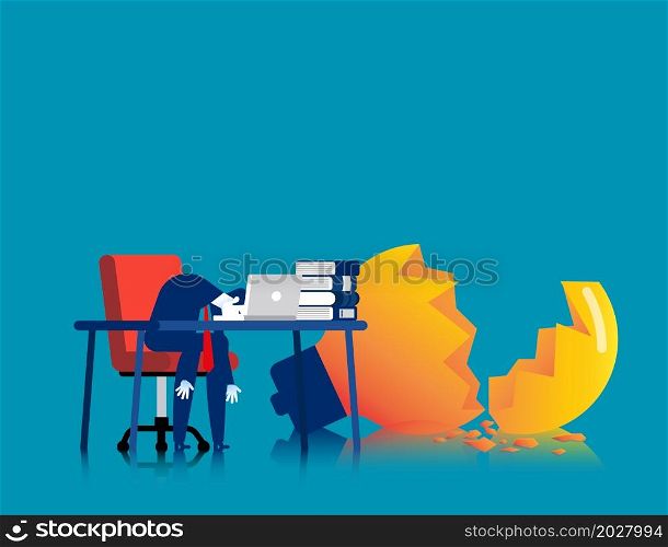 Tired business person on the desk with broken lamp. Hard work vector concept