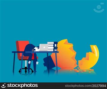 Tired business person on the desk with broken lamp. Hard work vector concept