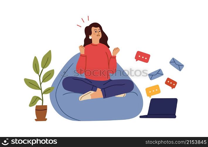 Tired business woman. Overworking character, home office deadline. Girl has many letters or email, angry remote worker or freelancer vector. Illustration character work exhausted, tired employee. Tired business woman. Overworking character, home office deadline. Girl has many letters or email, angry female remote worker or freelancer vector concept