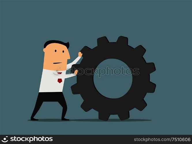 Tired businessman pushes a huge gear, for business process or management concept design. Cartoon flat style. Businessman pushes a huge gear