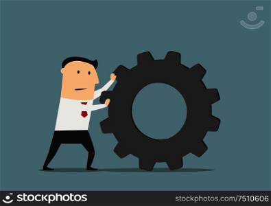 Tired businessman pushes a huge gear, for business process or management concept design. Cartoon flat style. Businessman pushes a huge gear