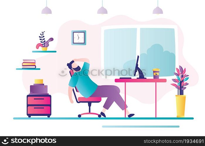 Tired businessman sits at workplace. Unhappy male character is tired of lot of work. Concept of business, stress and overworking. Design interior office room. Trendy flat vector illustration. Tired businessman sits at workplace. Unhappy male character is tired of lot of work. Concept of business, stress and overworking