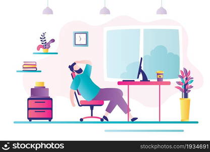 Tired businessman sits at workplace. Unhappy male character is tired of lot of work. Concept of business, stress and overworking. Design interior office room. Trendy flat vector illustration. Tired businessman sits at workplace. Unhappy male character is tired of lot of work. Concept of business, stress and overworking