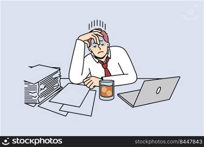 Tired businessman with glass of whiskey on table suffer from job burnout. Male journalist or editor feel stressed overwhelmed with work. Vector illustration.. Tired businessman overwhelmed with work