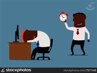 Tired cartoon businessman sleeping at workplace and his colleague trying to wake him up with alarm clock. Overworking, stress, friendly joke theme design. Businessman with alarm clock doing wake up