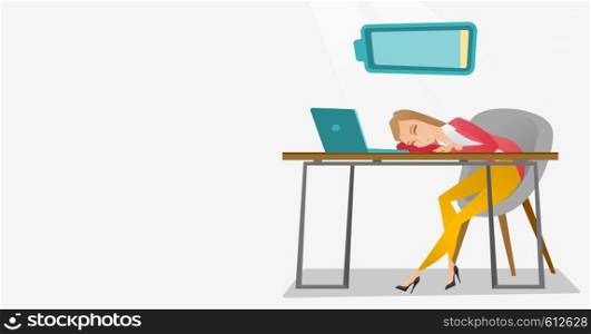 Tired caucasian employee sleeping on the keyboard of laptop. Overworked employee sleeping at workplace. Exhausted businesswoman sleeping in office. Vector flat design illustration. Horizontal layout.. Tired employee sleeping at workplace.