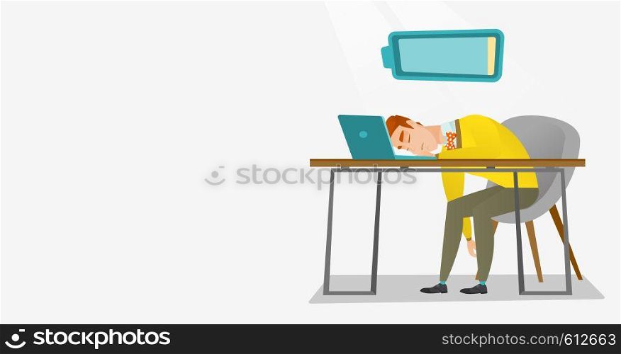 Tired caucasian employee sleeping on the keyboard of laptop. Overworked employee sleeping at workplace. Exhausted businessman sleeping in office. Vector flat design illustration. Horizontal layout.. Tired employee sleeping at workplace.