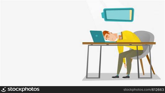 Tired caucasian employee sleeping on the keyboard of laptop. Overworked employee sleeping at workplace. Exhausted businessman sleeping in office. Vector flat design illustration. Horizontal layout.. Tired employee sleeping at workplace.