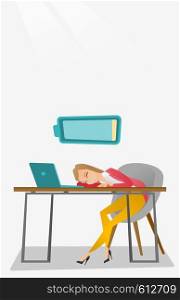 Tired caucasian employee sleeping on the keyboard of laptop. Overworked employee sleeping at workplace. Exhausted businesswoman sleeping in office. Vector flat design illustration. Vertical layout.. Tired employee sleeping at workplace.