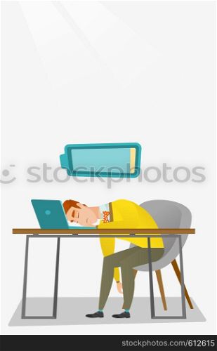 Tired caucasian employee sleeping on the keyboard of laptop. Overworked young employee sleeping at workplace. Exhausted businessman sleeping in office. Vector flat design illustration. Vertical layout. Tired employee sleeping at workplace.