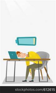 Tired caucasian employee sleeping on the keyboard of laptop. Overworked young employee sleeping at workplace. Exhausted businessman sleeping in office. Vector flat design illustration. Vertical layout. Tired employee sleeping at workplace.