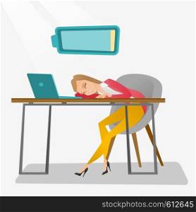 Tired caucasian employee sleeping on the keyboard of laptop. Overworked young employee sleeping at workplace. Exhausted businesswoman sleeping in office. Vector flat design illustration. Square layout. Tired employee sleeping at workplace.