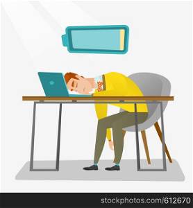 Tired caucasian employee sleeping on the keyboard of laptop. Overworked young employee sleeping at workplace. Exhausted businessman sleeping in office. Vector flat design illustration. Square layout.. Tired employee sleeping at workplace.