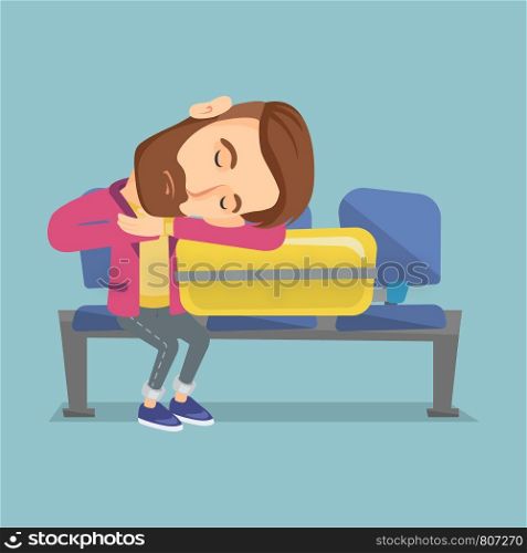 Tired caucasian passenger sleeping on luggage at the airport. Exhausted hipster man waiting for a flight and sleeping on a suitcase at the airport. Vector flat design illustration. Square layout.. Exhausted man sleeping on suitcase at airport.