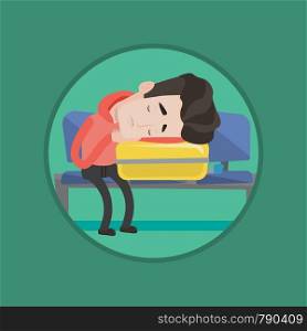 Tired caucasian passenger sleeping on luggage in airport. Exhausted man waiting for flight and sleeping on suitcase in airport. Vector flat design illustration in the circle isolated on background.. Exhausted man sleeping on suitcase at airport.
