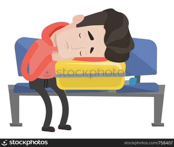 Tired caucasian passenger sleeping on luggage in airport. Exhausted man sleeping on suitcase at airport. Passenger sleeping on suitcase. Vector flat design illustration isolated on white background.. Exhausted man sleeping on suitcase at airport.