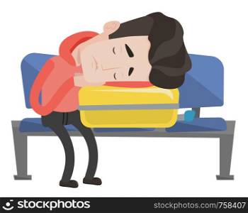 Tired caucasian passenger sleeping on luggage in airport. Exhausted man sleeping on suitcase at airport. Passenger sleeping on suitcase. Vector flat design illustration isolated on white background.. Exhausted man sleeping on suitcase at airport.