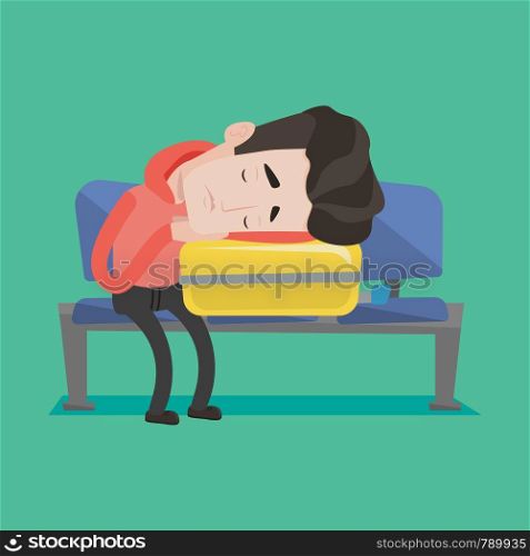 Tired caucasian passenger sleeping on luggage in airport. Exhausted man sleeping on suitcase at airport. Man waiting for flight and sleeping on suitcase. Vector flat design illustration. Square layout. Exhausted man sleeping on suitcase at airport.