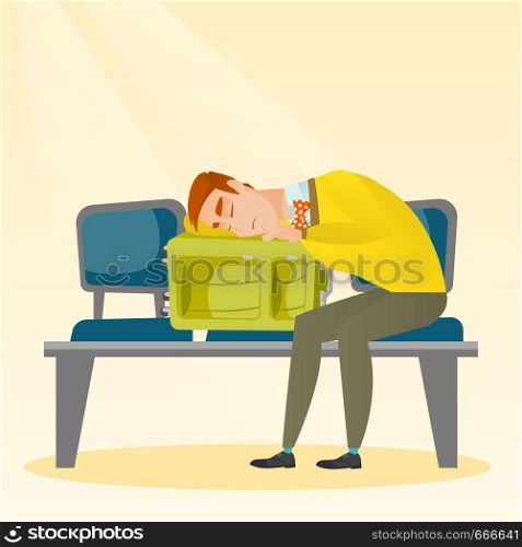 Tired caucasian passenger sleeping on suitcase at the airport. Young exhausted man waiting for a flight and sleeping on a suitcase at the airport. Vector cartoon illustration. Square layout.. Exhausted man sleeping on suitcase at the airport.