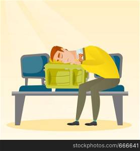 Tired caucasian passenger sleeping on suitcase at the airport. Young exhausted man waiting for a flight and sleeping on a suitcase at the airport. Vector cartoon illustration. Square layout.. Exhausted man sleeping on suitcase at the airport.