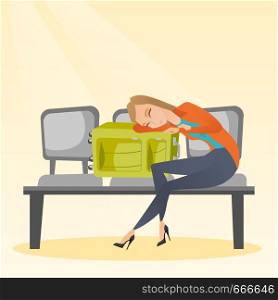 Tired caucasian passenger sleeping on suitcase at the airport. Young exhausted woman waiting for a flight and sleeping on a suitcase at the airport. Vector cartoon illustration. Square layout.. Tired woman sleeping on suitcase at the airport.