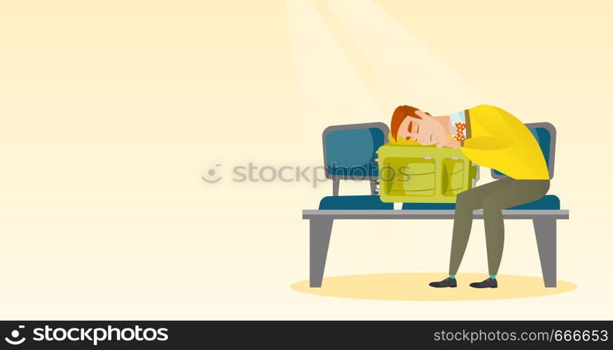 Tired caucasian passenger sleeping on suitcase at the airport. Young exhausted man waiting for a flight and sleeping on a suitcase at the airport. Vector cartoon illustration. Horizontal layout.. Exhausted man sleeping on suitcase at the airport.