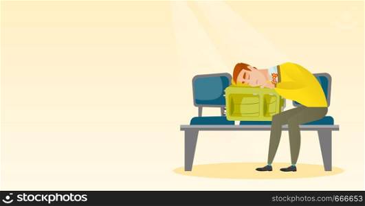 Tired caucasian passenger sleeping on suitcase at the airport. Young exhausted man waiting for a flight and sleeping on a suitcase at the airport. Vector cartoon illustration. Horizontal layout.. Exhausted man sleeping on suitcase at the airport.